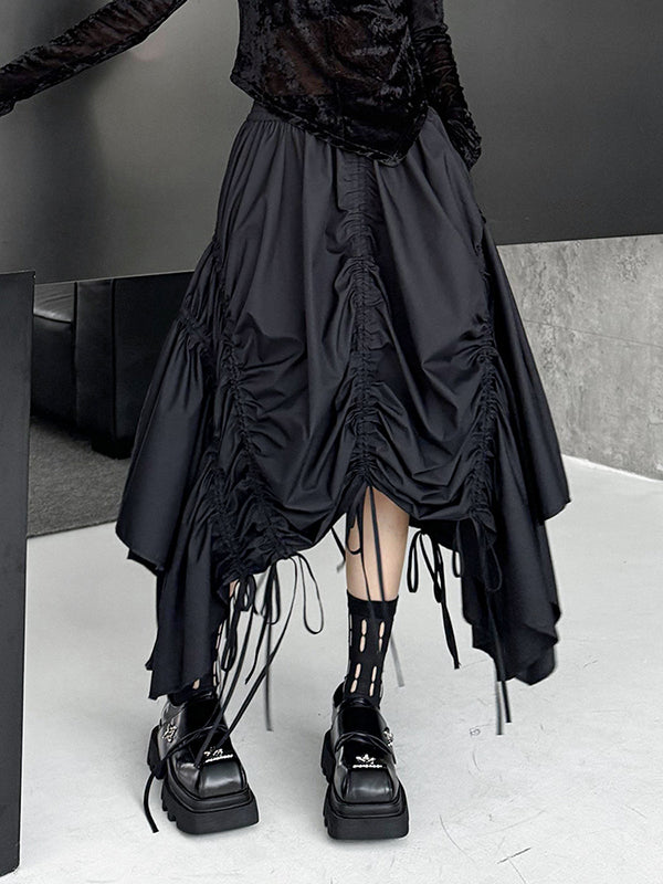 Asymmetric Drawstring Pleated Solid Color A-Line Elasticated Waist Skirts Bottoms