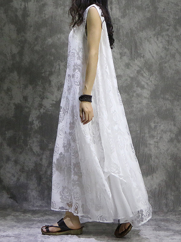 Flower Print Solid Color False Two Loose V-Neck Midi Dresses