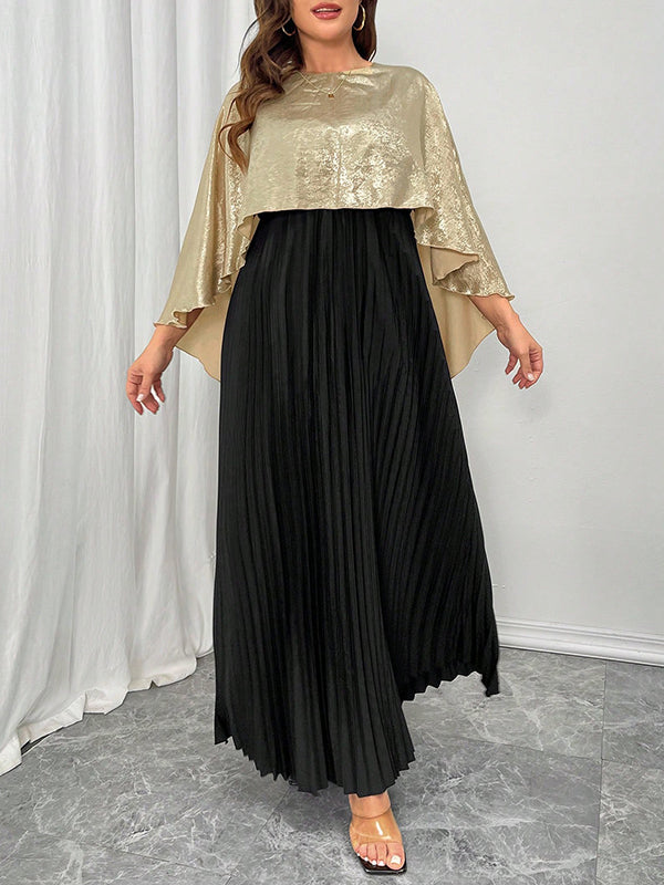 Contrast Color Pleated Shiny Split-Joint High-Low Loose Round-Neck Maxi Dresses