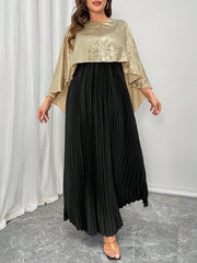 Contrast Color Pleated Shiny Split-Joint High-Low Loose Round-Neck Maxi Dresses