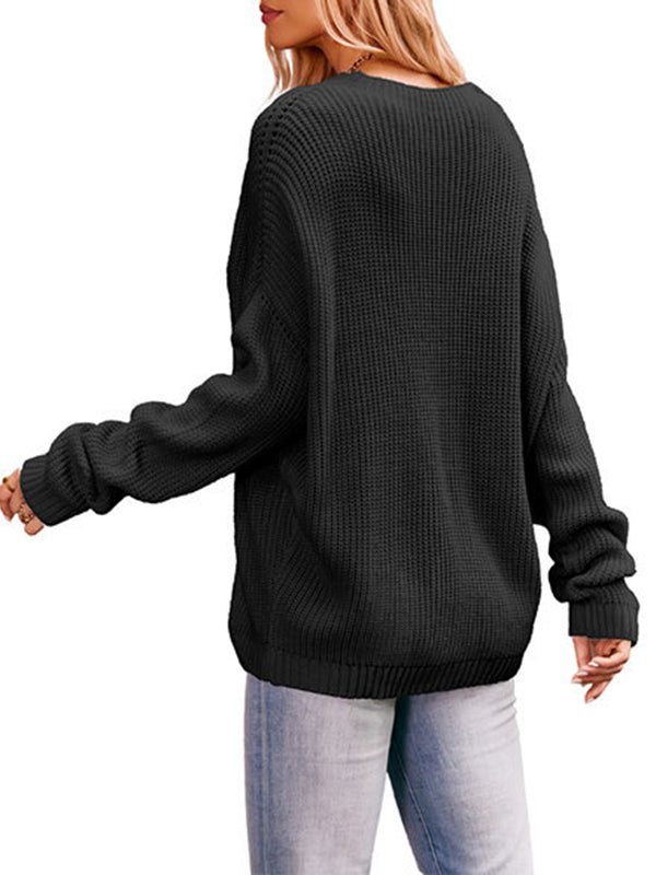 Pockets Solid Color Long Sleeves Loose Round-Neck Sweater Tops Pullovers