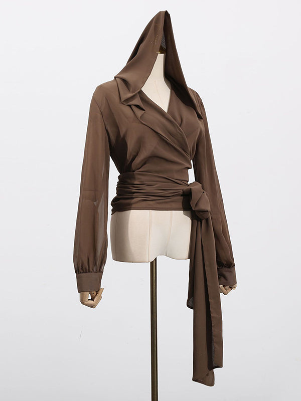 Pleated See-Through Solid Color Tied Waist Long Sleeves Loose Hooded Blouses&Shirts Tops