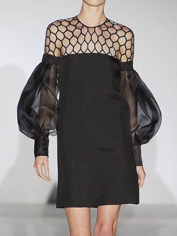 Hollow Solid Color Split-Joint Long Sleeves Loose Round-Neck Mini Dresses