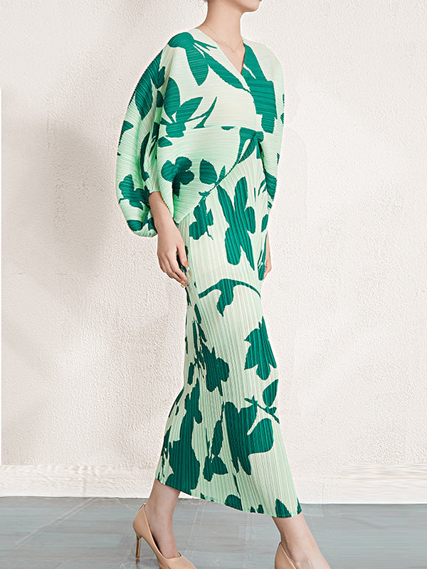 Pleated Printed Batwing Sleeves Loose V-Neck Midi Dresses