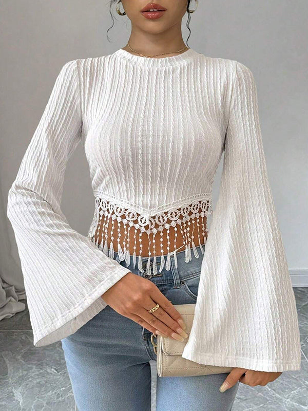 Solid Color Split-Joint Tasseled Flared Sleeves Long Sleeves Round-neck T-Shirts Tops