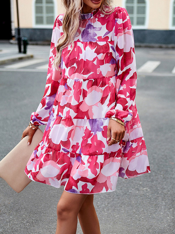 Printed Split-Joint Tied A-Line High Waisted Mock Neck Mini Dresses