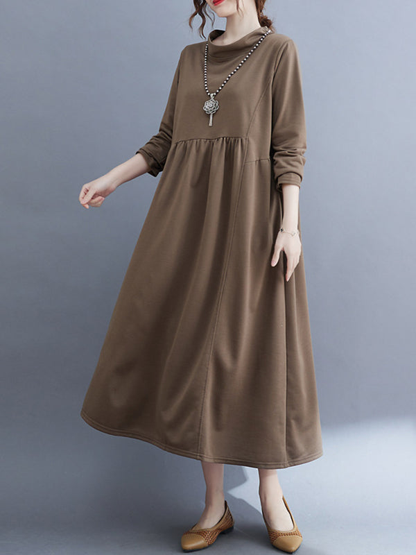 Casual Loose Long Sleeves Solid Color Stand Collar Midi Dresses