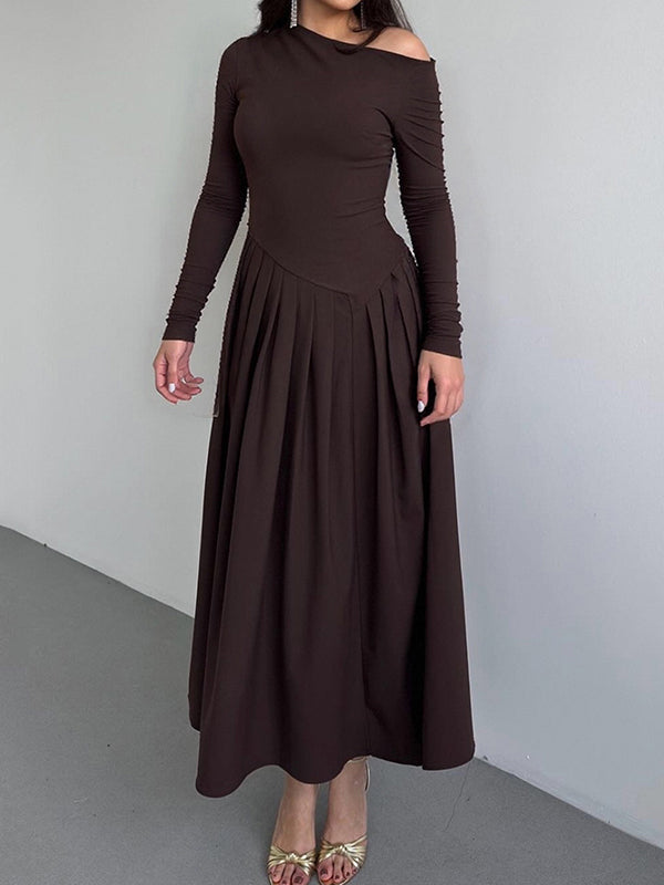 Asymmetric Pleated Solid Color Split-Joint A-Line Bodycon One-Shoulder Maxi Dresses