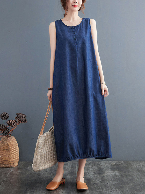 Simple Denim Blue Round-Neck Buttoned Sleeveless Midi Dress