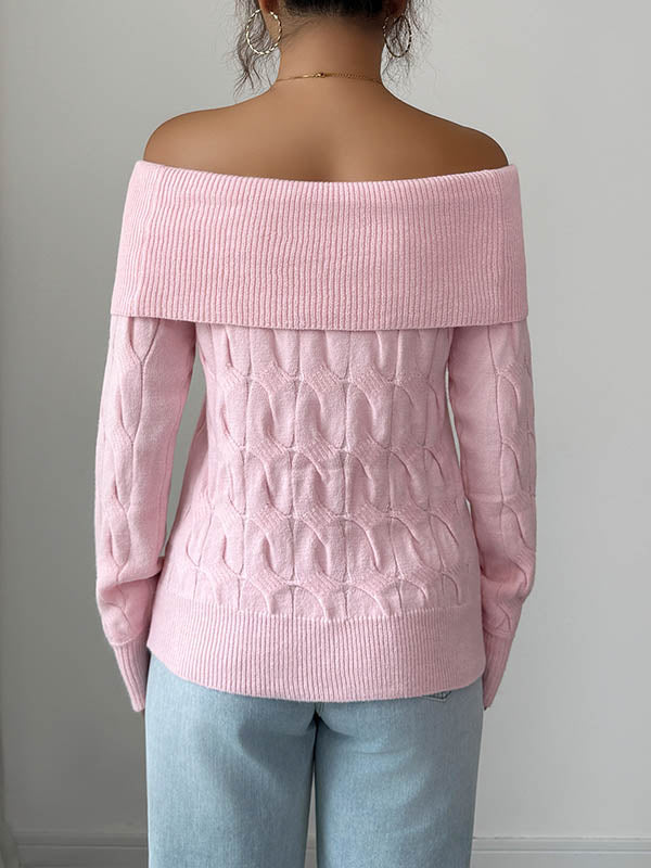 Solid Color Split-Joint Long Sleeves Off-The-Shoulder Sweater Tops Pullovers