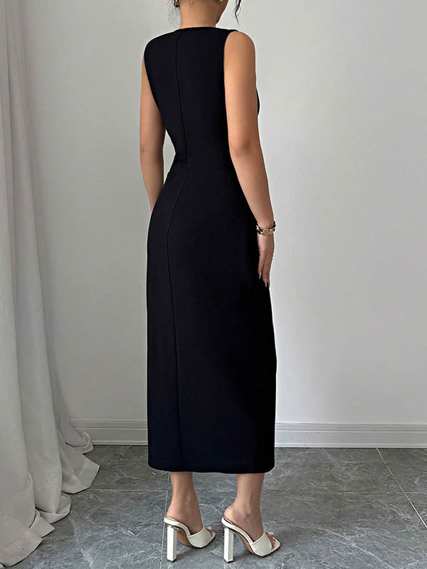 Bowknot Split-Side Bodycon High Waisted Round-Neck Midi Dresses