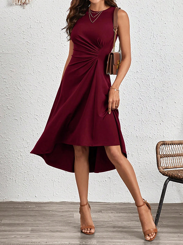 Asymmetric Pleated Solid Color Split-Joint A-Line High Waisted Round-Neck Midi Dresses