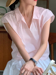Solid Color Cap Sleeve Loose Lapel Blouses&Shirts Tops