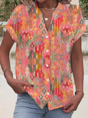 Buttoned Printed Loose Short Sleeves V-Neck Blouses&Shirts Tops