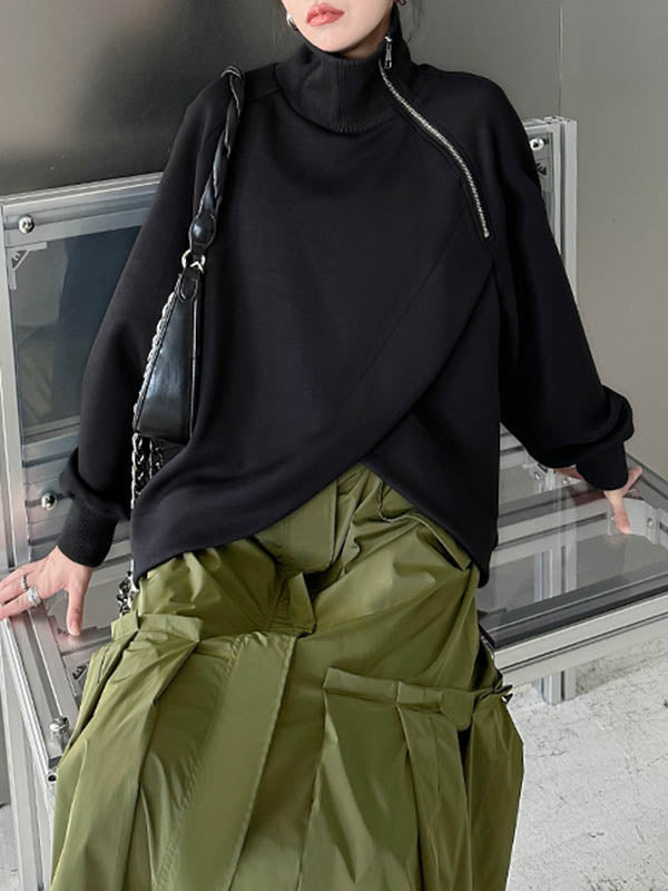 Asymmetric Split-Joint Zipper Long Sleeves Loose High Neck Sweatshirt Tops