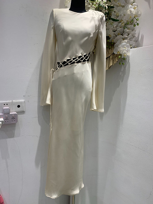 Hollow Solid Color High Waisted Long Sleeves Round-Neck Maxi Dresses