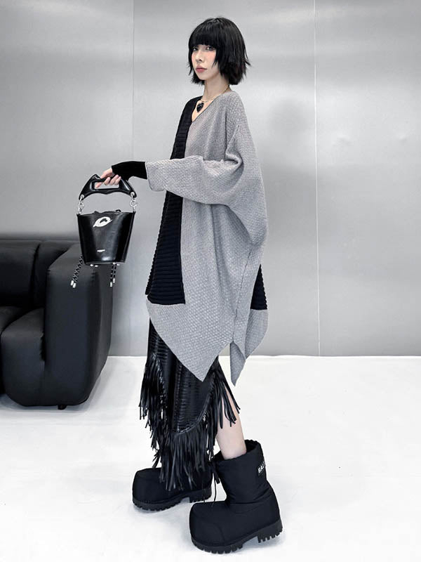 Asymmetric Contrast Color Split-Joint Textured Batwing Sleeves Irregularity V-Neck Sweater Tops