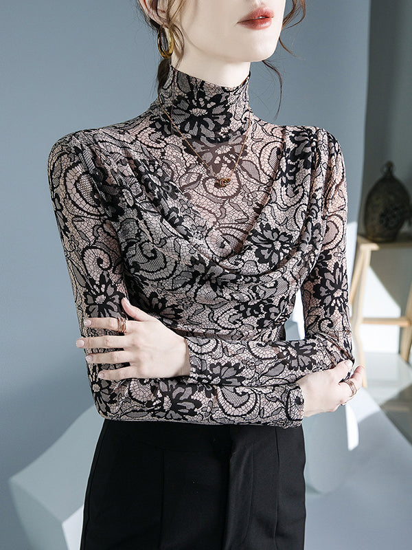 Flower Print Pleated Long Sleeves Mock Neck T-Shirts Tops