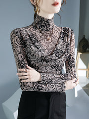 Flower Print Pleated Long Sleeves Mock Neck T-Shirts Tops