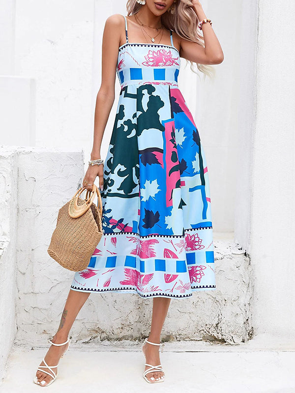 Pleated Printed Split-Joint High Waisted Sleeveless Collarless Slip Dress Midi Dresses