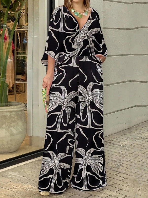 Printed Half Sleeves High Waisted V-Neck Jumpsuits