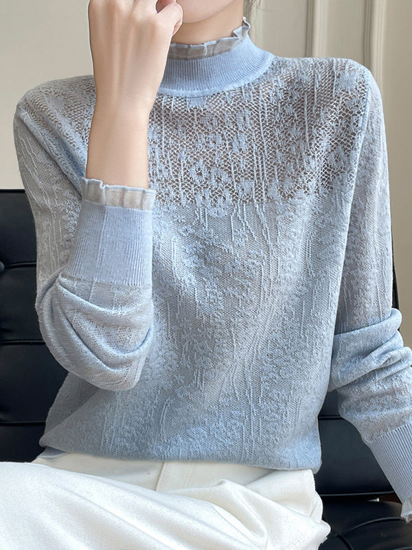 Crochet Solid Color Long Sleeves Loose Mock Neck T-Shirts Tops