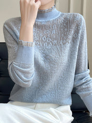 Crochet Solid Color Long Sleeves Loose Mock Neck T-Shirts Tops