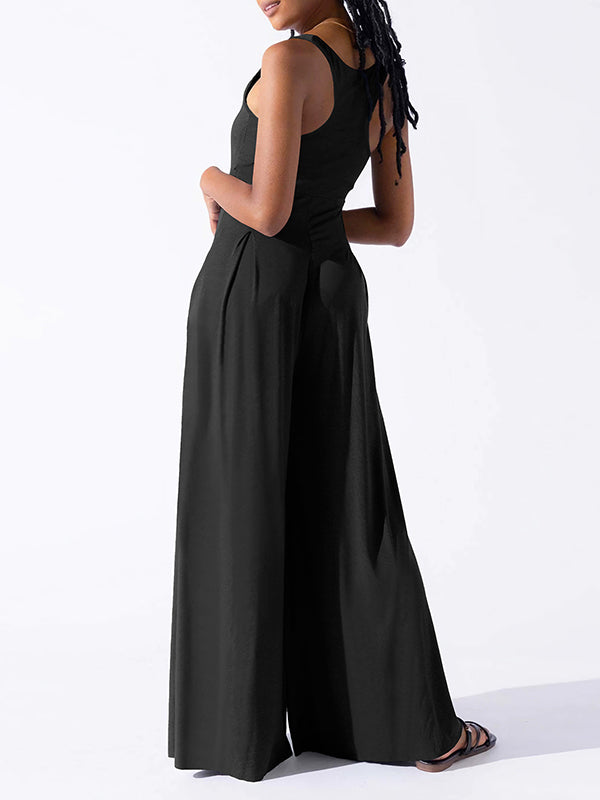 Pleated Solid Color Loose Sleeveless Spaghetti-Neck Jumpsuits