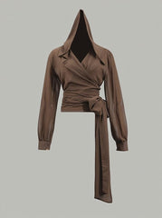 Pleated See-Through Solid Color Tied Waist Long Sleeves Loose Hooded Blouses&Shirts Tops