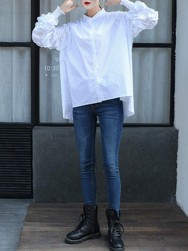 Elasticity Pleated Solid Color Split-Joint High-Low Long Sleeves Round-Neck Blouses
