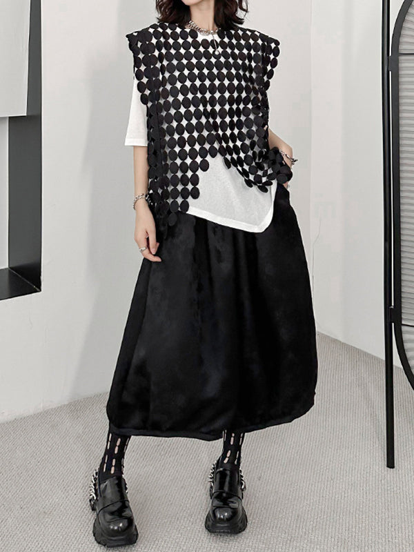 Hollow Solid Color Split-Joint Irregular Clipping Loose Round-Neck Vest Top