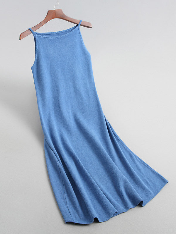 Solid Color A-Line High Waisted Spaghetti-Neck Midi Dresses