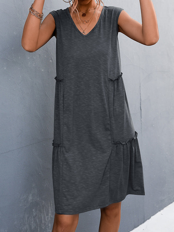 Pleated Solid Color Split-Joint A-line Loose V-neck Midi Dresses