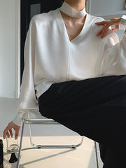 Hollow Shiny Solid Color Long Sleeves Loose V-Neck Blouses&Shirts Tops