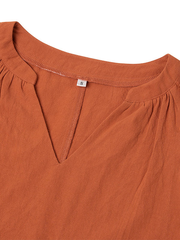Solid Color Split-Joint Loose V-neck T-Shirts Tops