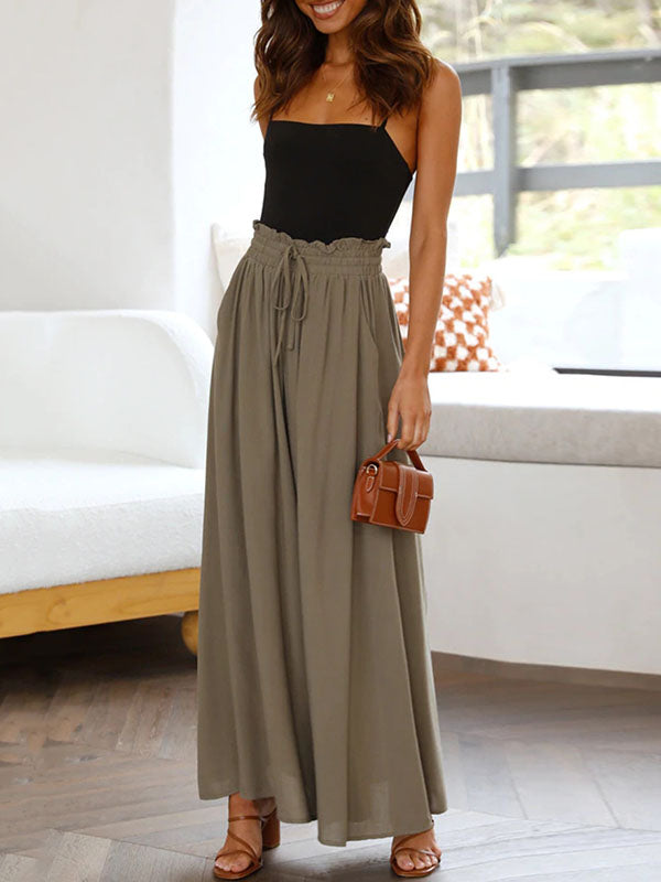 Drawstring Elasticity Pockets Solid Color High Waisted Loose Trousers Pants