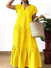 Pleated Solid Color Split-Joint A-line Loose V-neck Maxi Dresses