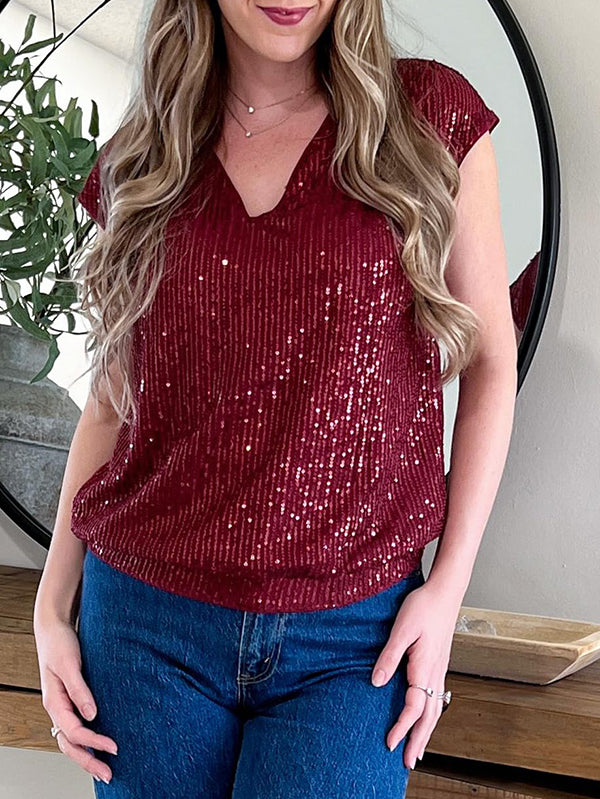 Sequined Shiny Batwing Sleeves Loose V-Neck T-Shirts Tops