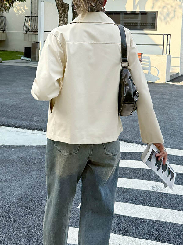 Pockets Solid Color Zipper Long Sleeves Lapel Overcoat Jackets