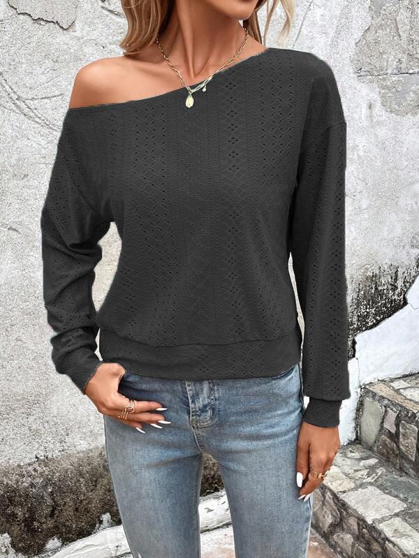 Asymmetric Solid Color Split-Joint Long Sleeves Loose One-Shoulder T-Shirts Tops