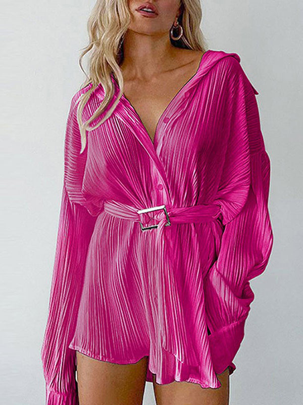 Buttoned Pleated Solid Color Tied Waist Long Sleeves Lapel Shirt Dress Mini Dresses