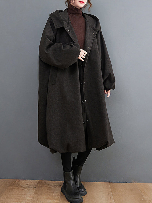 Buttoned Pockets Solid Color High-Low Long Sleeves Hooded Woolen Coat