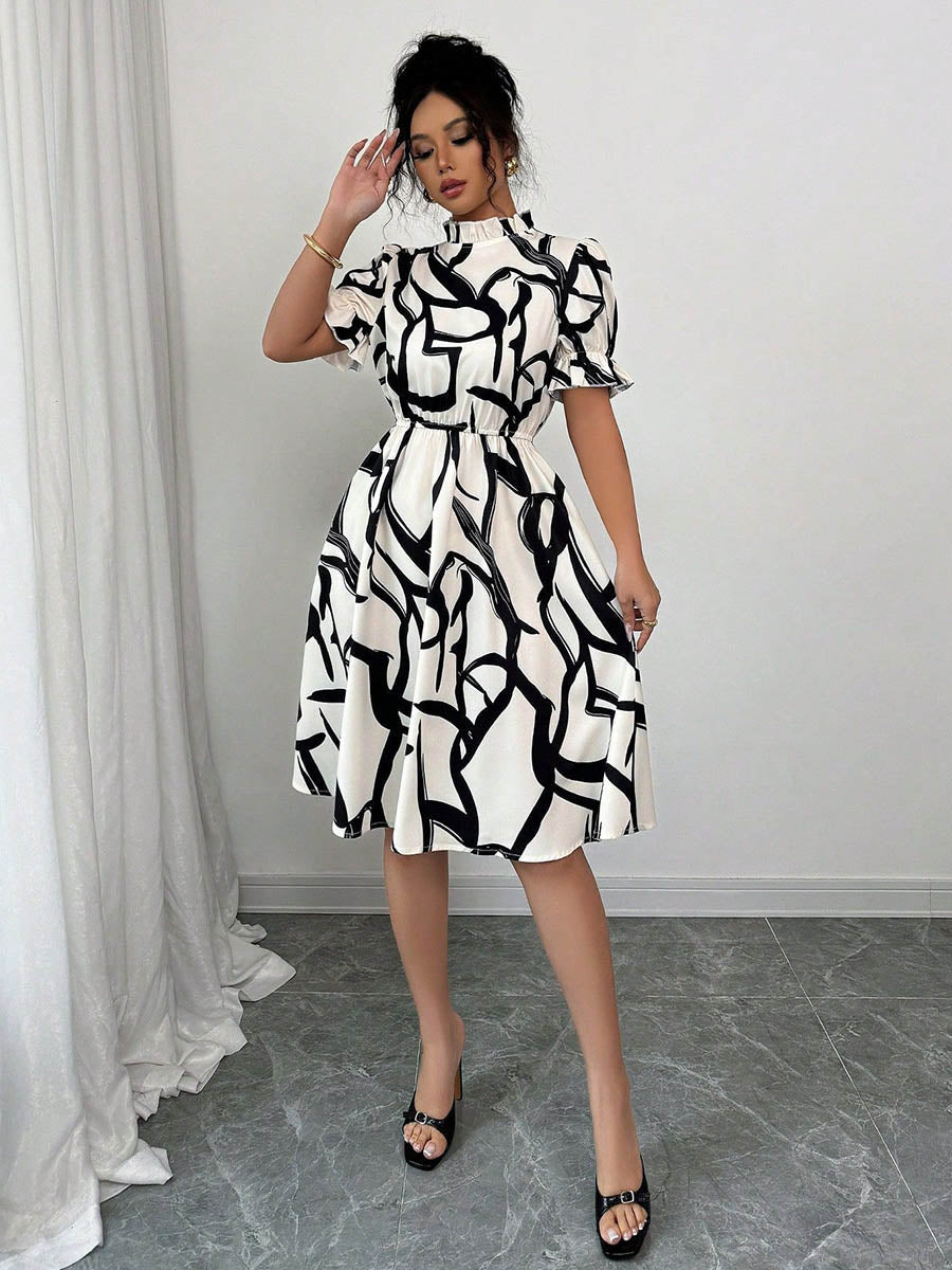Abstract Printed Contrast Color Ruffled Split-Joint A-Line Bodycon Midi Dresses
