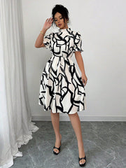 Abstract Printed Contrast Color Ruffled Split-Joint A-Line Bodycon Midi Dresses