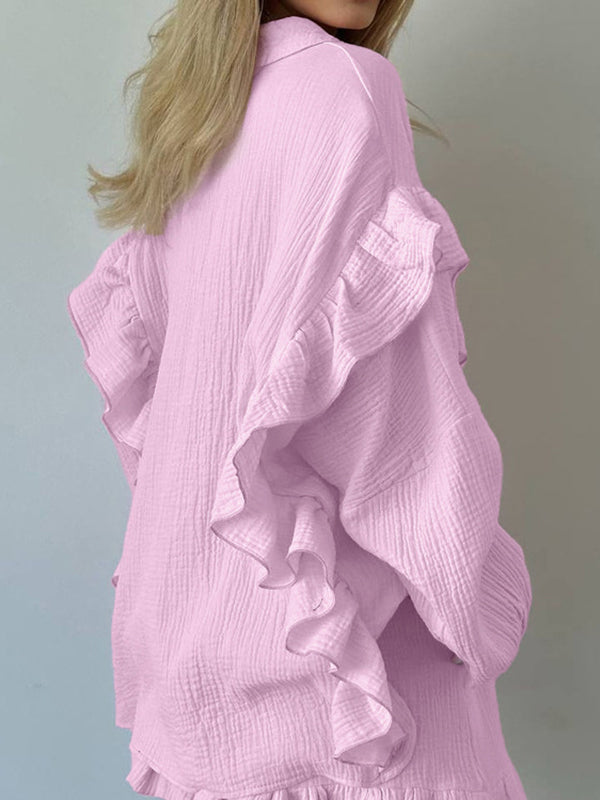 Split-Joint Lapel Long Sleeves Loose Buttoned Ruffle Trim Solid Color Blouses Tops + Elasticity Shorts Bottom Two Pieces Set