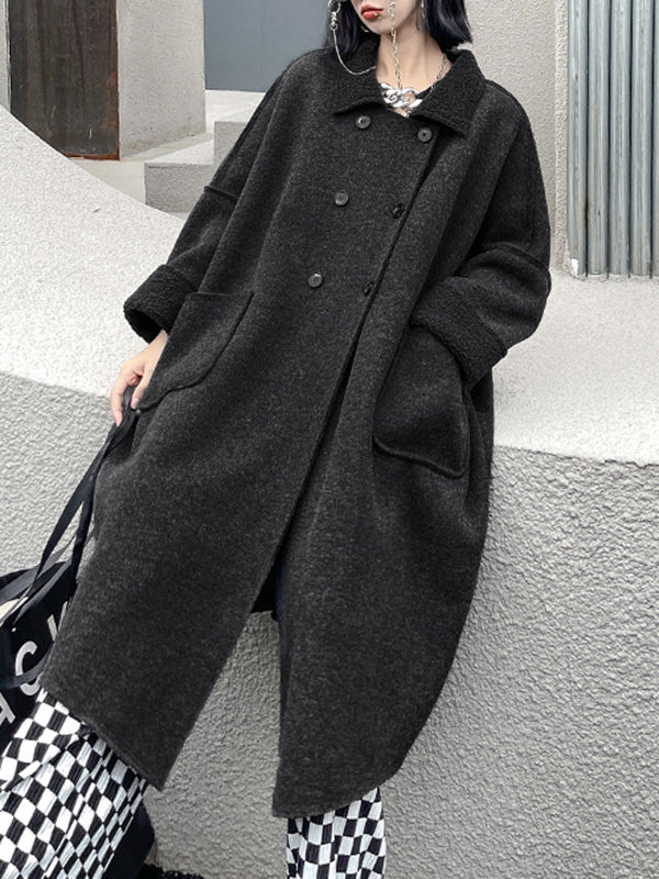 Buttoned Pockets Solid Color Velvet Long Sleeves Loose Lapel Woolen Coat