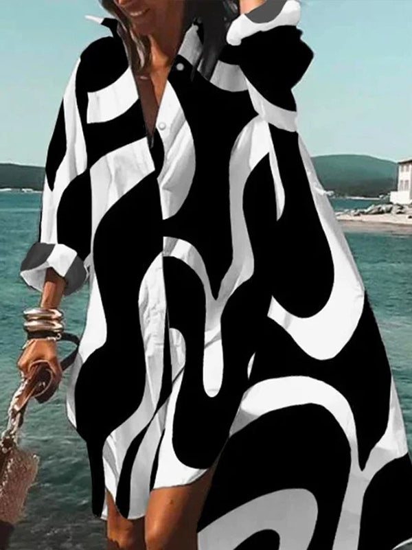 Urban High-Low Contrast Color Printed Midi Shirt Dress