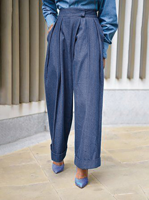 Pleated Pockets Solid Color High Waisted Loose Wide Leg Jean Pants Bottoms