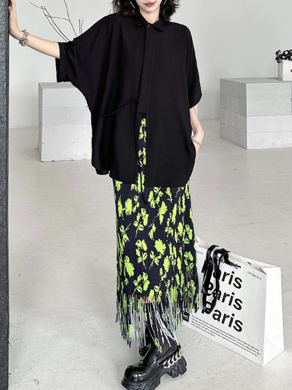 Pleated Printed Split-Joint Tasseled High Waisted H-Line Skirts