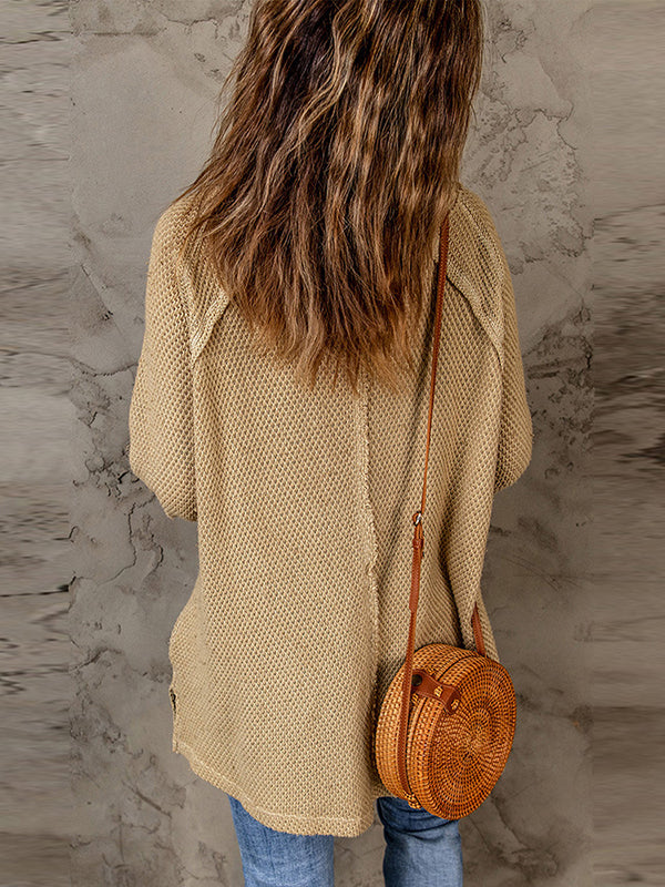 Solid Color Split-Joint Split-Side Long Sleeves Loose Round-Neck Sweater Tops Pullovers